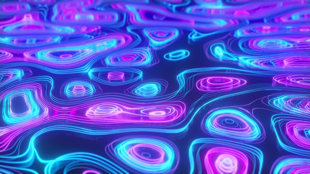 Abstract neon background of topographic map concept. Contour map. Valleys and mountains. Geography concept. Wavy backdrop. Space surface. magic neon light curved swirl line. Seamless loop 3d render