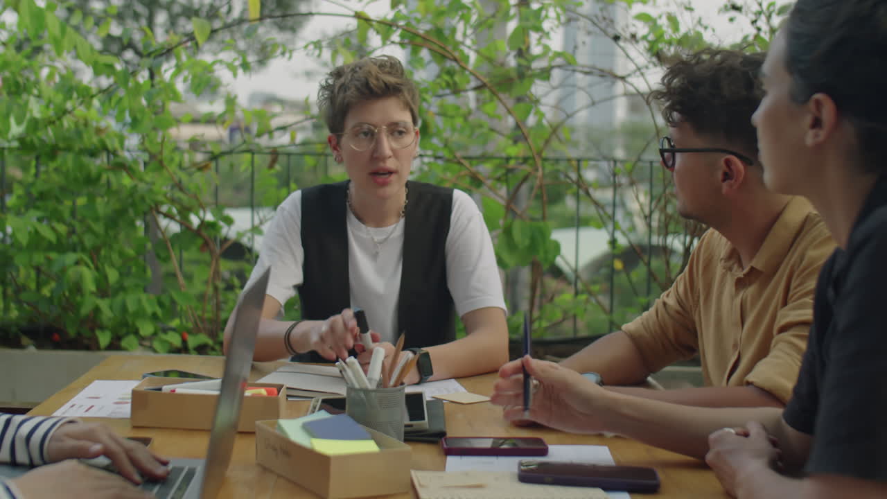 Team meeting in an outdoor workspace