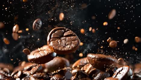 coffee beans falling into the air on a black background