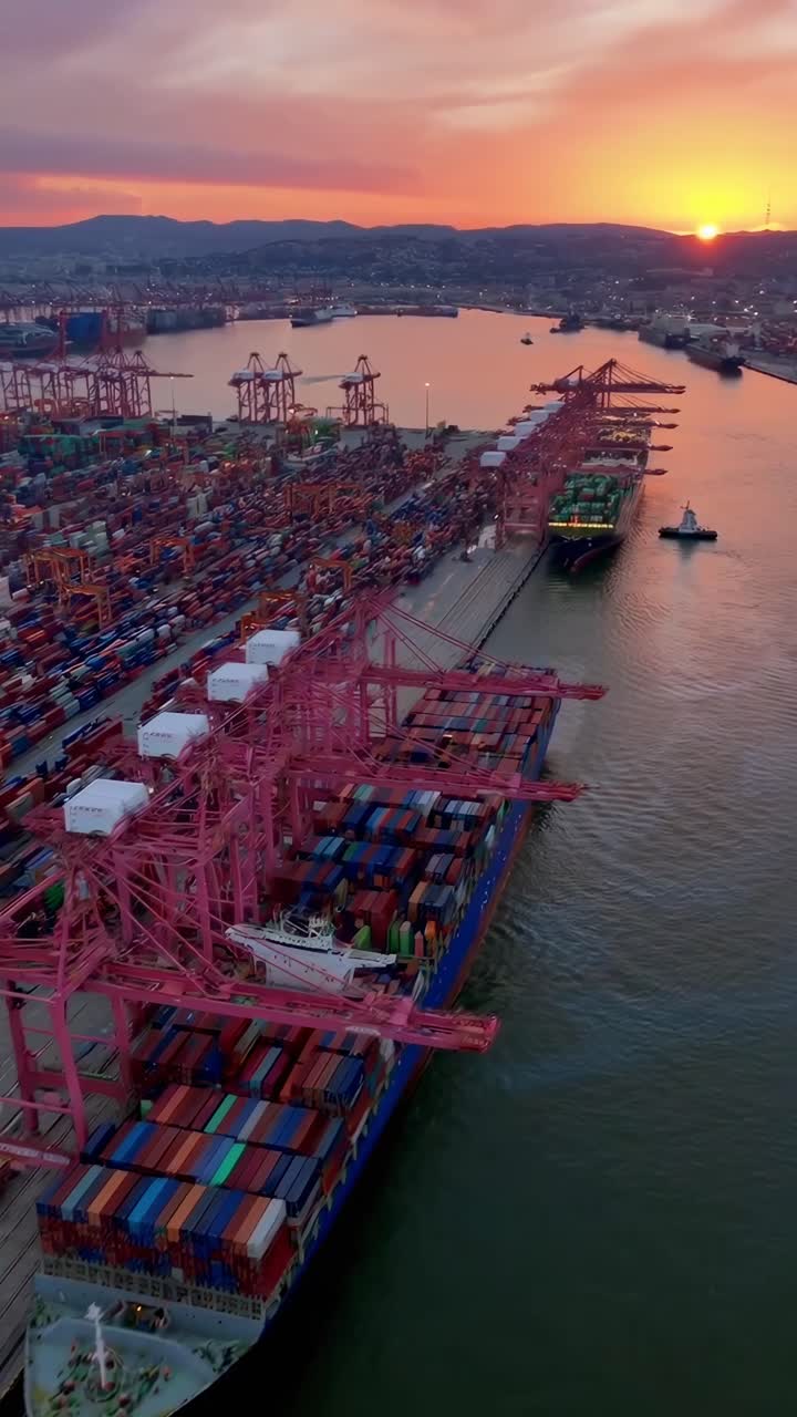 Video aereo che riprende un porto trafficato al tramonto, mostrando container e gru vivaci