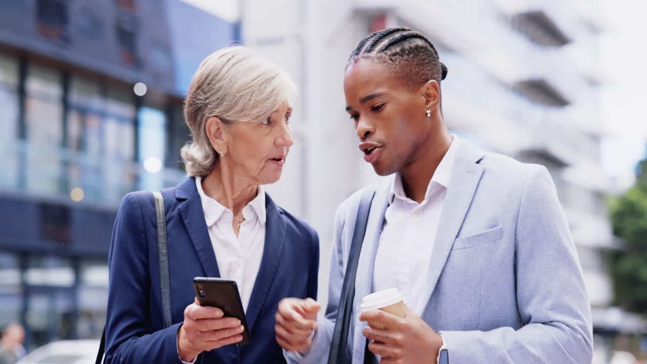 Phone, planning and business people in city