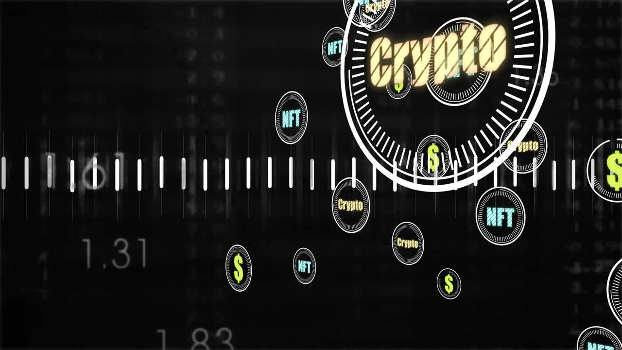 암호화폐 아이콘의 애니메이션 - 검은 바탕에 금융 데이터 처리