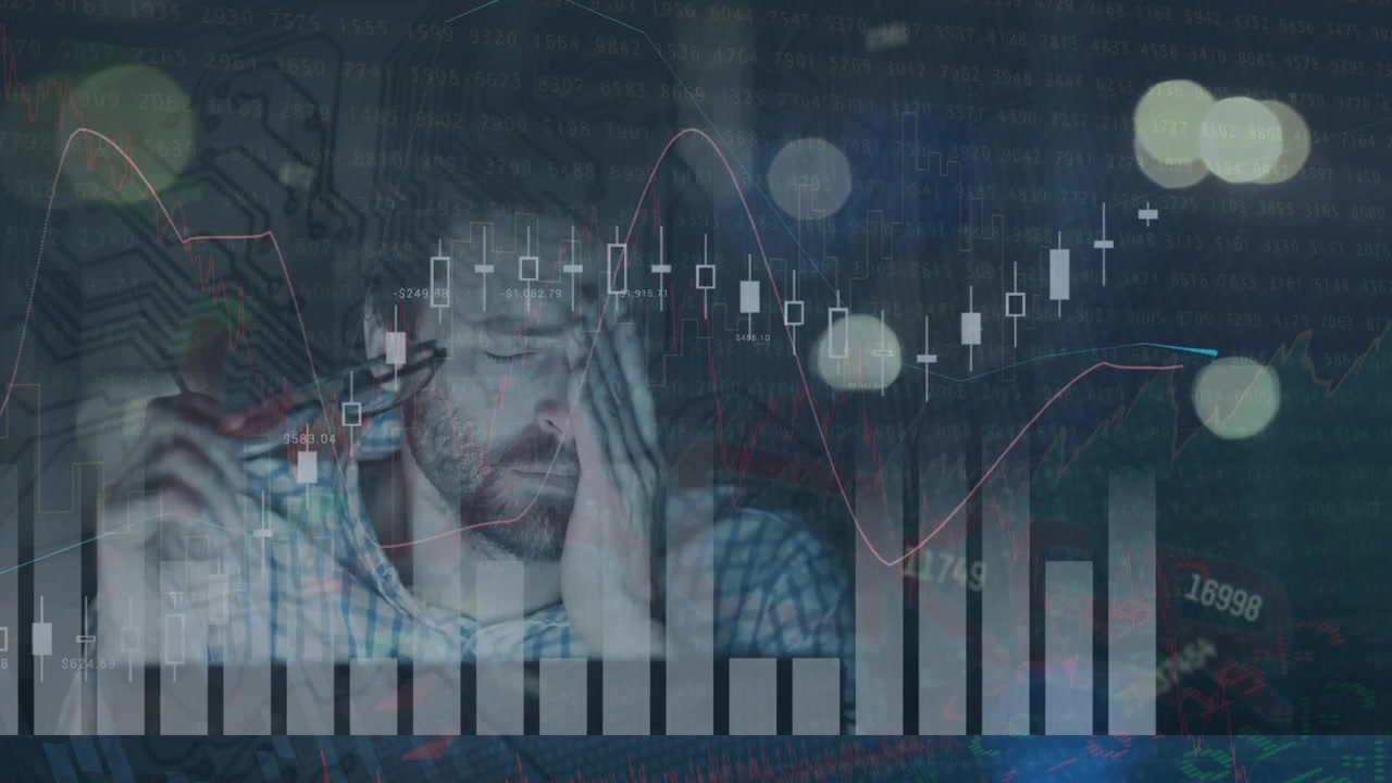 Animation af statistik og databehandling over en forretningsmand, der bruger en computer.