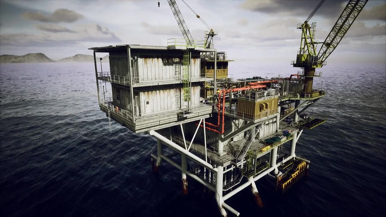 Corroded marine oil platform weakening during dismantling under cloudy sky