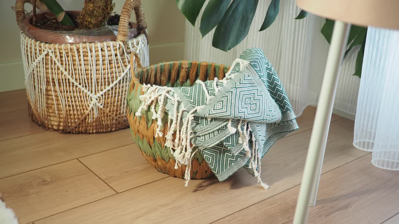 Home decor with woven baskets and plants