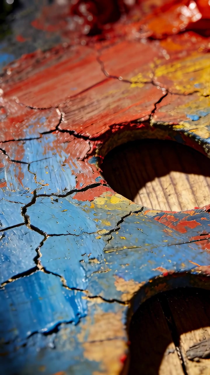 Vertical video: Tilting camera showing painted board in studio highlighting cracked paint and holes