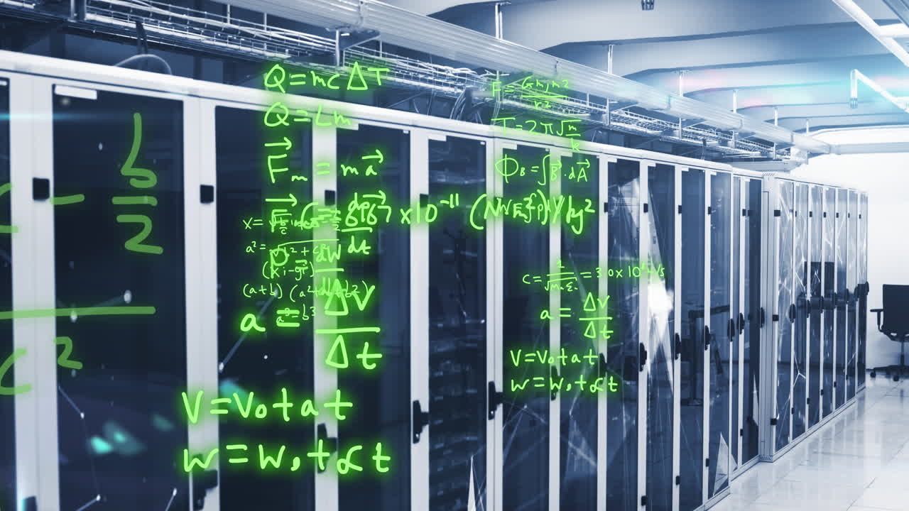 Animation of mathematical equations and plexus networks against computer server room