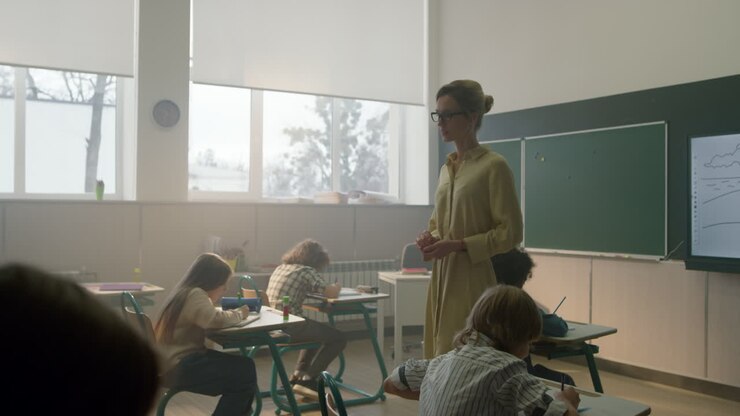 Teacher walking between desks with students. Pupils writing in notebooks