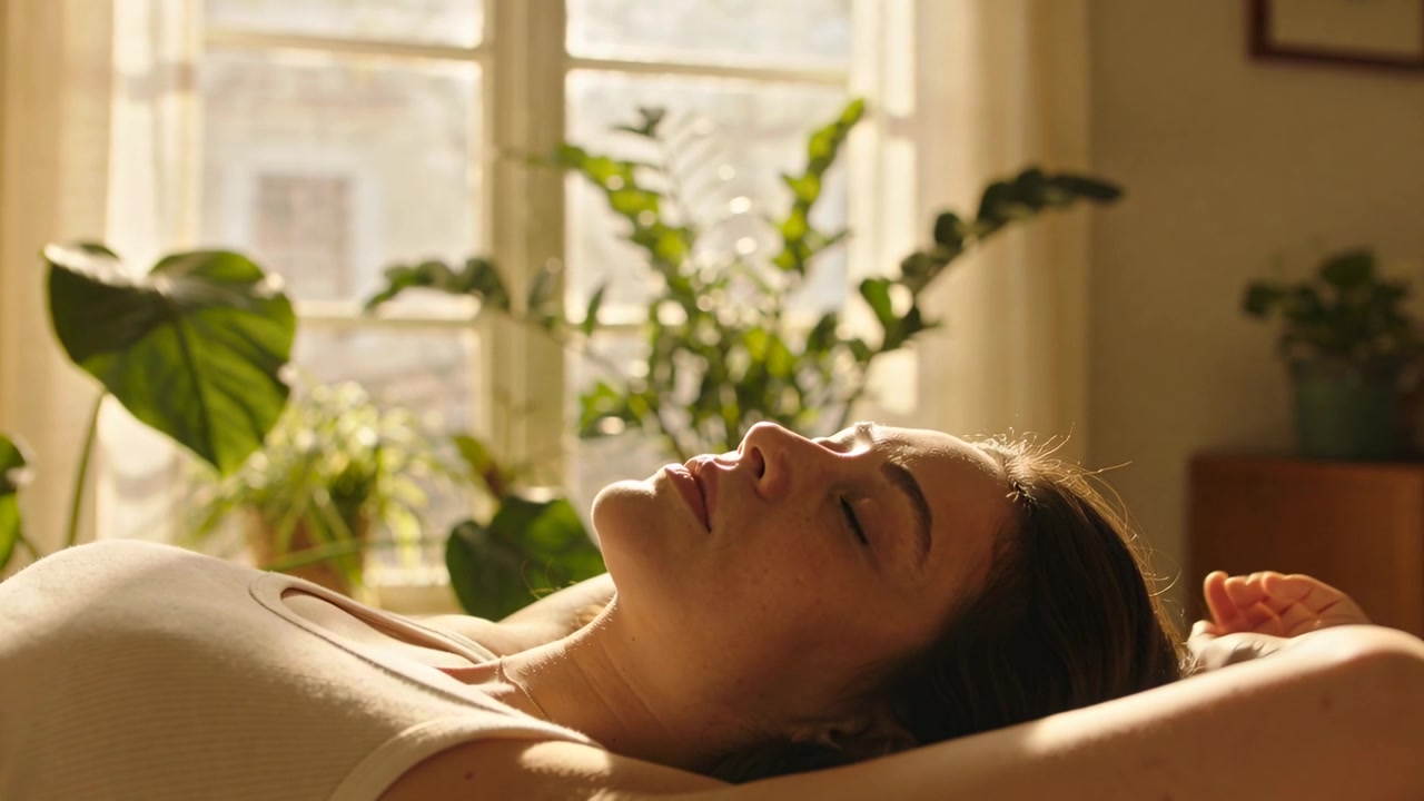 Sol entrando pela janela iluminando mulher deitada na cama respirando lentamente de regata branca, plantas contraluz