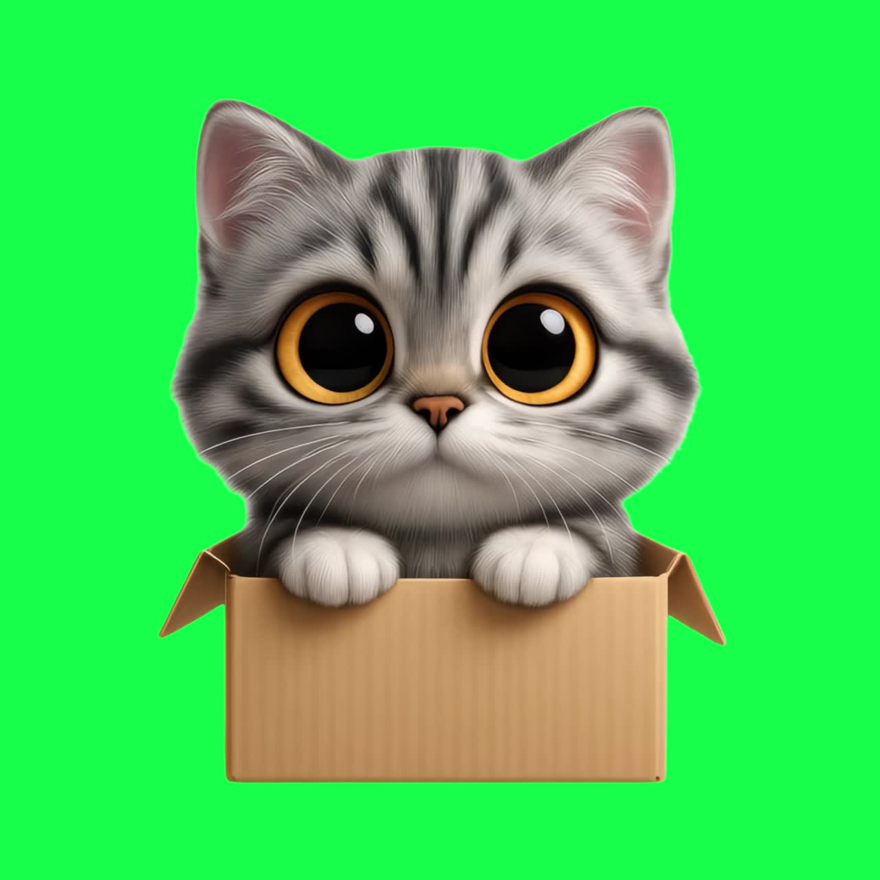 Adorable kitten in box animation, transparent 4K video, green screen