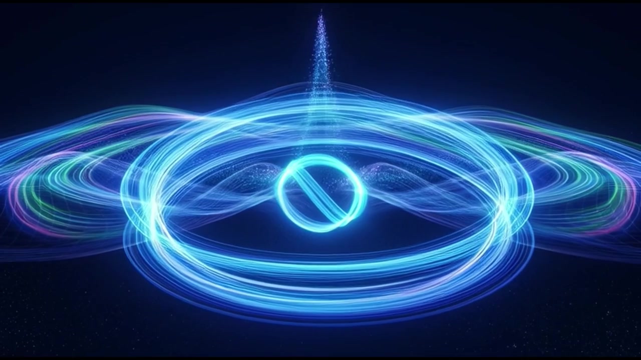 Abstract Blue Light Waves Forming an Infinity Symbol and Glowing Rings