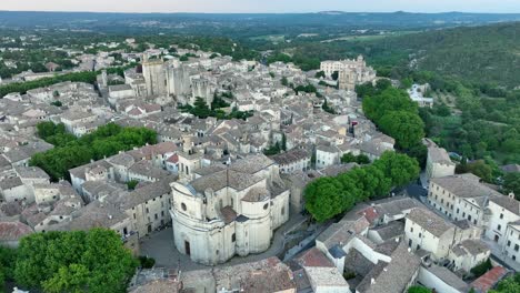above view of roman catholic church of saint-étienne in uzès, france. aerial drone shot