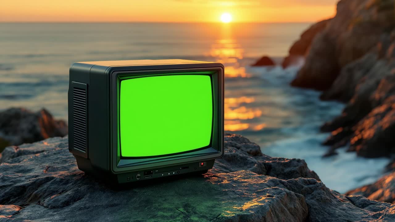 Vintage television set displaying a green screen chroma key stands on a rocky coast at sunset, ideal for compositing and visual effects
