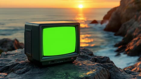 vintage television set displaying a green screen chroma key stands on a rocky coast at sunset, ideal for compositing and visual effects