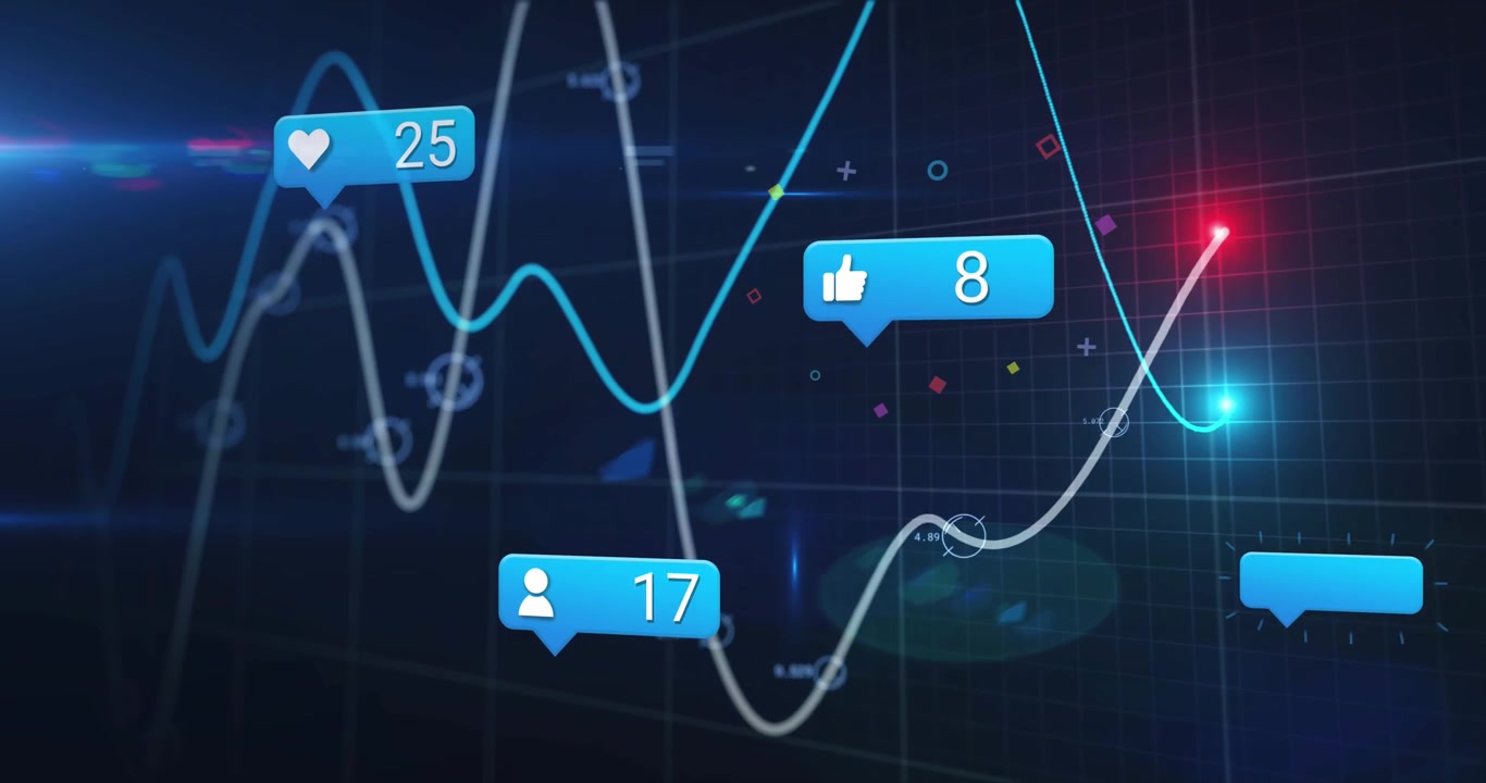 Animation of social media icons and data processing over grid network against blue background