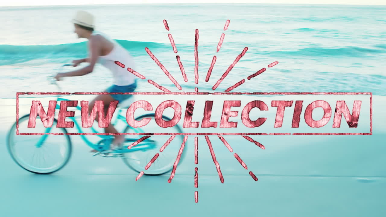 새 컬렉션 텍스트의 애니메이션 해변에 있는 여자