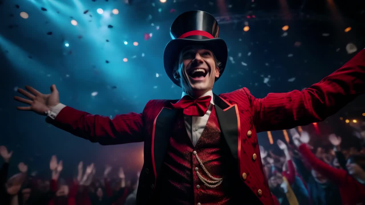 Dynamic video scene of a joyful ringmaster in a red suit, captured from a low angle, with confetti