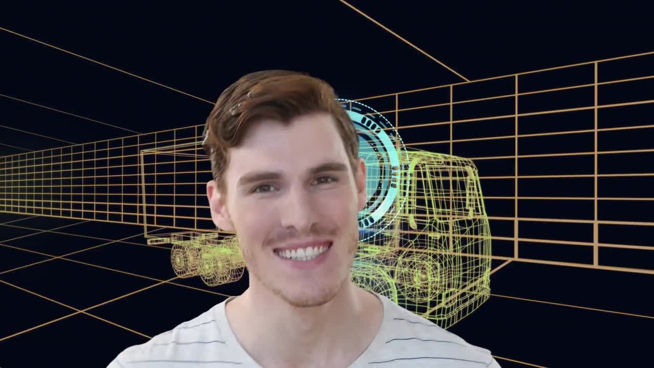 animación de un hombre de negocios sobre el reloj y modelo de dibujo 3d de un camión y una cuadrícula