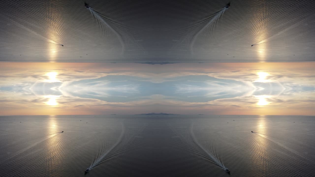 Symmetry effect of boat move at sea. Sky kaleidoscope effect