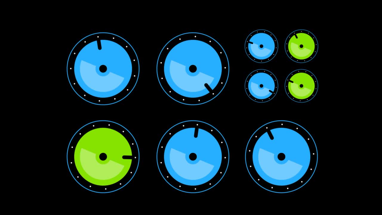 Knobs turning randomly on black background. Abstract animation