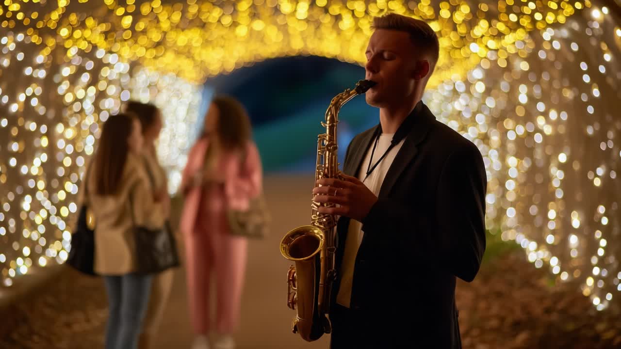 Un sassofonista avvolto in un magico tunnel di luci, che cattura l'essenza della musica, la serenità e l'incanto notturno, mentre due amici si godono un momento sullo sfondo