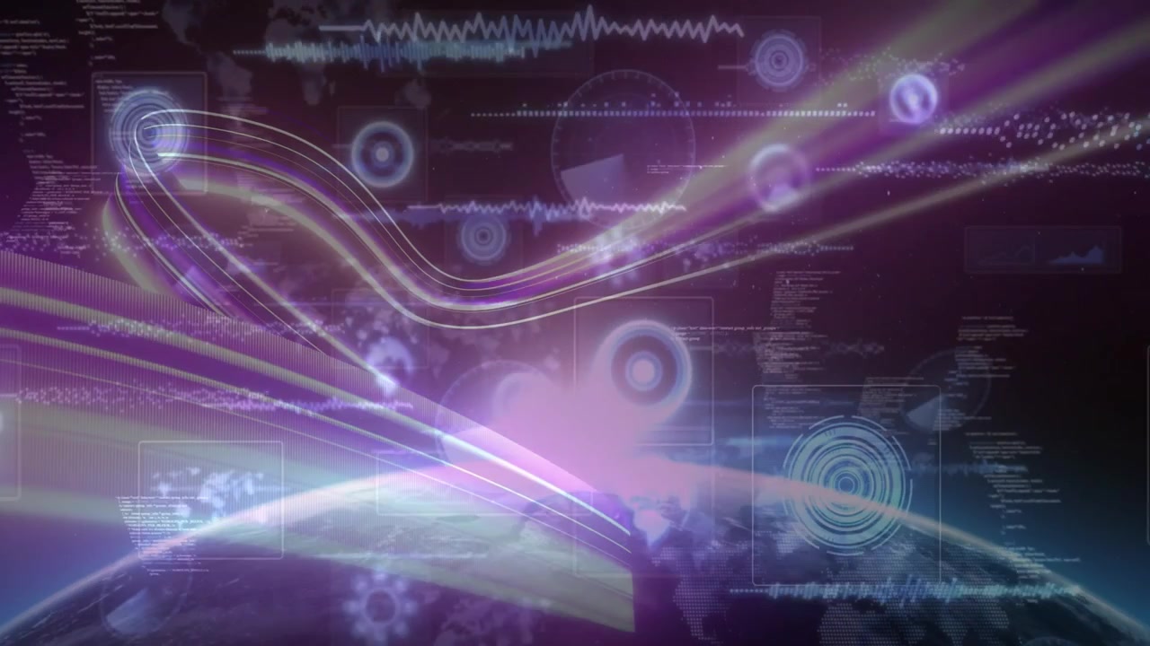Purple ribbon rising from horizon sparking parallel trails flowing and joining, visualizing data