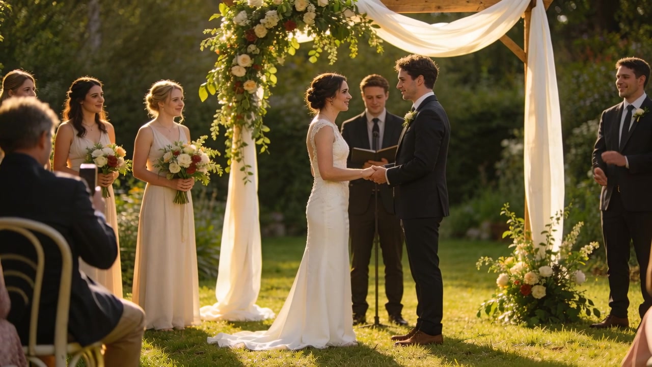 Celebrante che legge, sposa in bianco e sposo in abito che pronunciano i voti nuziali sotto un arco da giardino, invitati che registrano