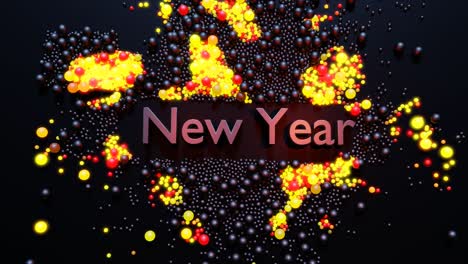3d new year's looped background with inscription new year and garland, spheres scattered on plane light up, form beautiful pattern. waves of shimmer of color and light. neon light balls for xmas card.