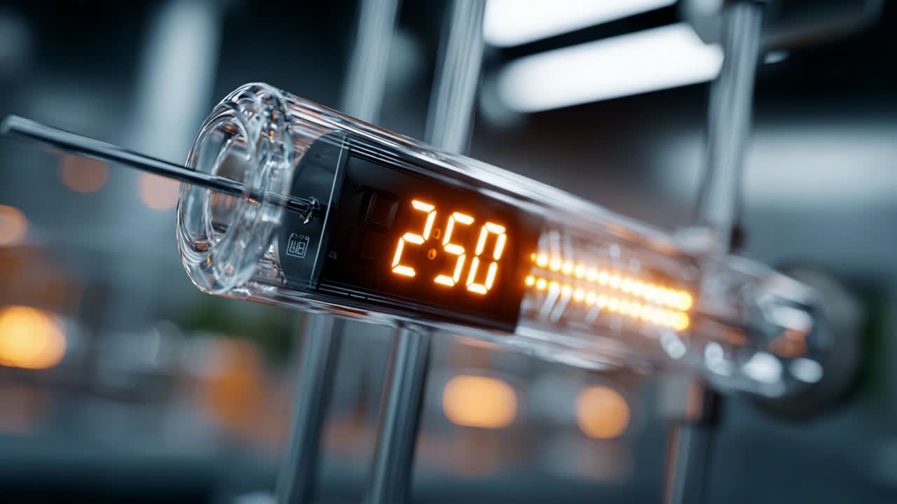 A Close-Up View of a High-Tech Time Measurement Device Displaying Digital Numbers, Featuring a Transparent Cylinder and Bright LED Indicators, Captured in a Modern Laboratory Environment