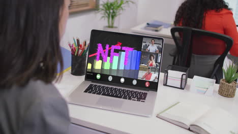 caucasian businesswoman using laptop for video call with diverse business colleagues