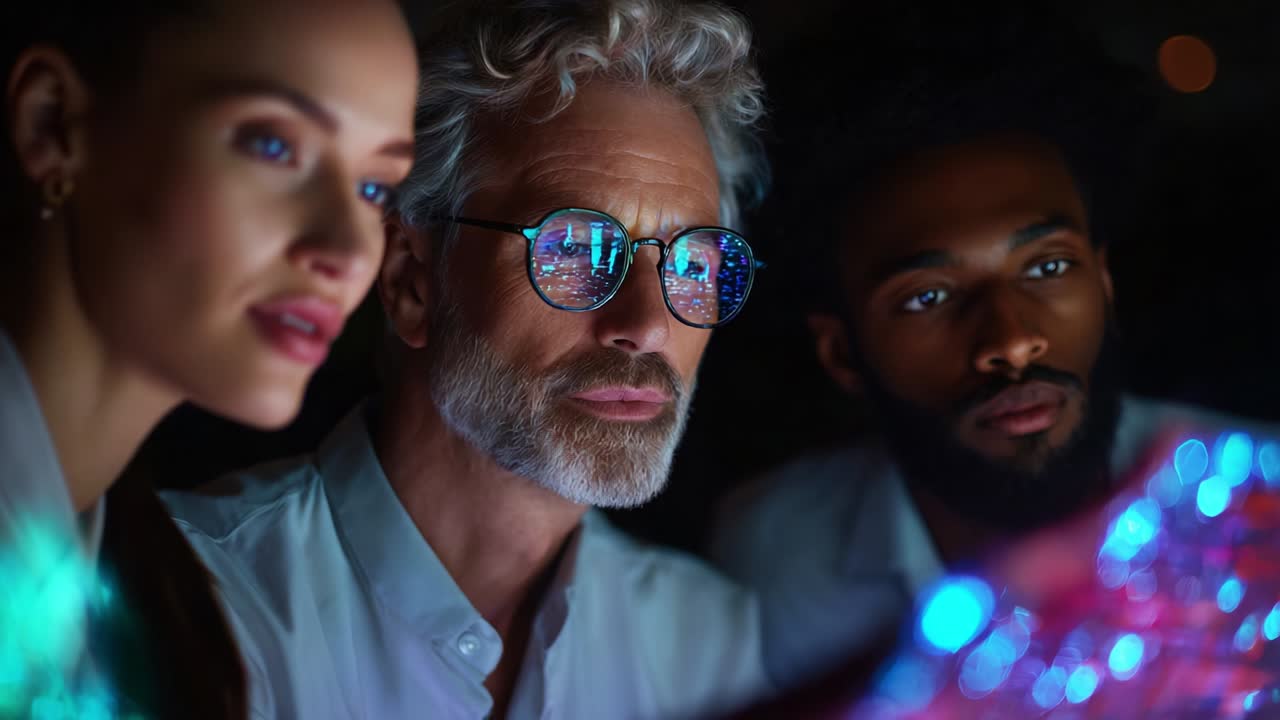 A group of three individuals engaged in a focused discussion, exploring data through luminous screens that reflect vibrant visualizations, showcasing collaboration and insight in a modern technological setting