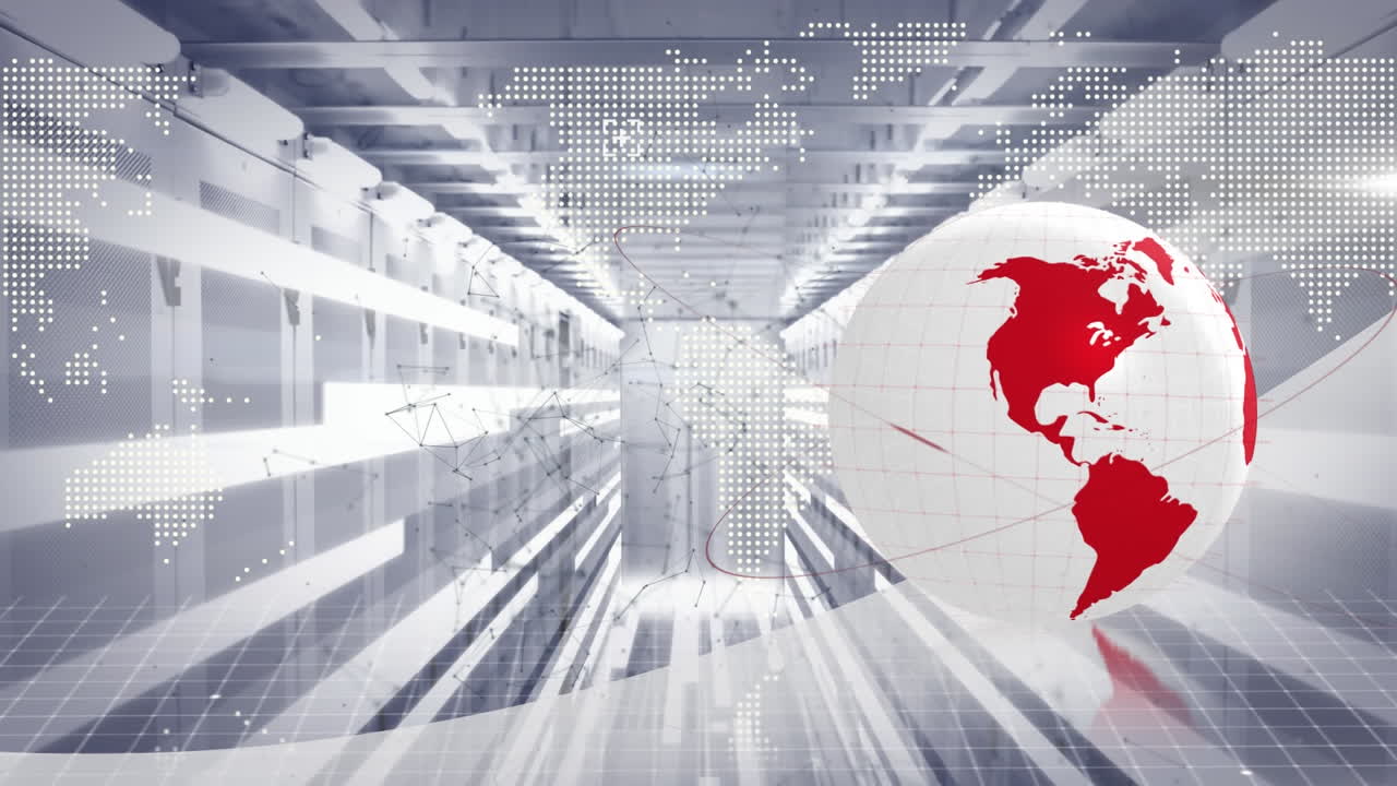 지구의 애니메이션, 연결 네트워크 및 컴퓨터 서버를 통한 데이터 처리