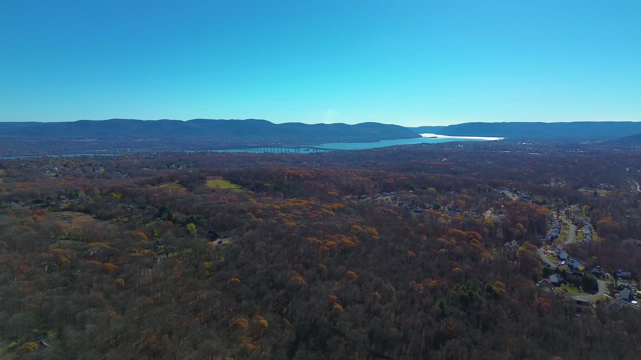 Aerial View of Autumn Landscape with River and Mountains