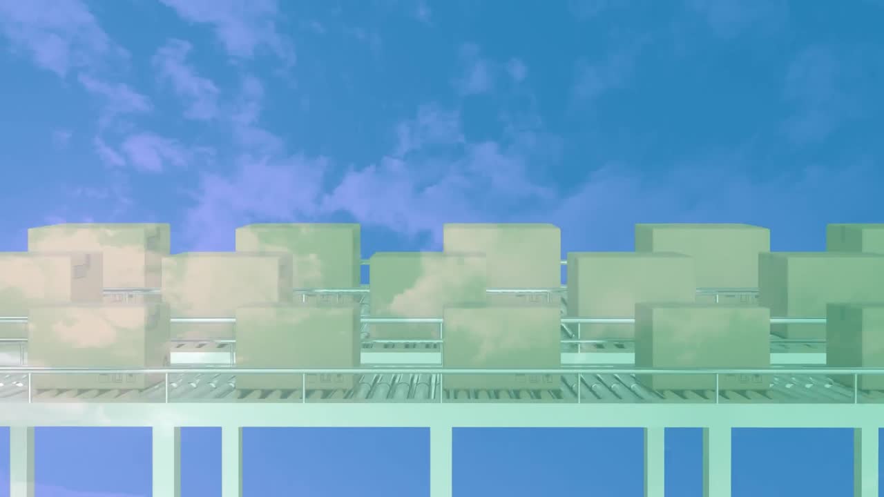 컨베이어 벨트에 있는 카드보드 상자 위를 아래로 가리키는 화살표의 애니메이션