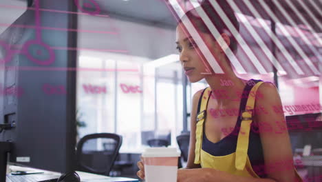 Animation-of-graphs,-globe-and-computer-language-over-biracial-woman-working-on-computer