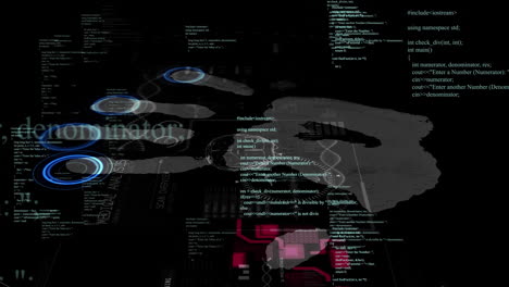 animación del procesamiento de datos sobre huella de mano biométrica y fondo oscuro