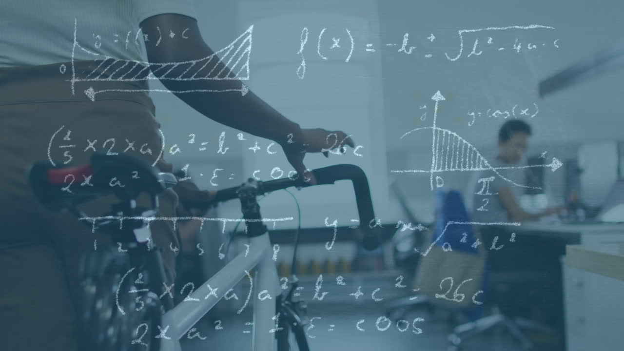 사무실에서 자전거를 타고 있는 다양한 사업가들에 대한 데이터 처리 애니메이션