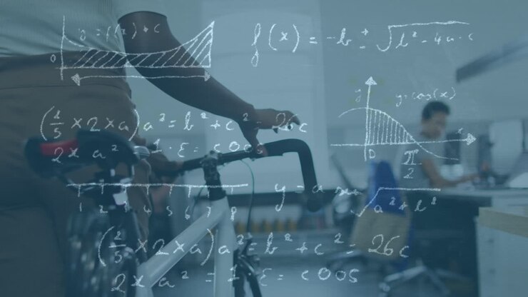 Animation of data processing over diverse business people with bicycle in office