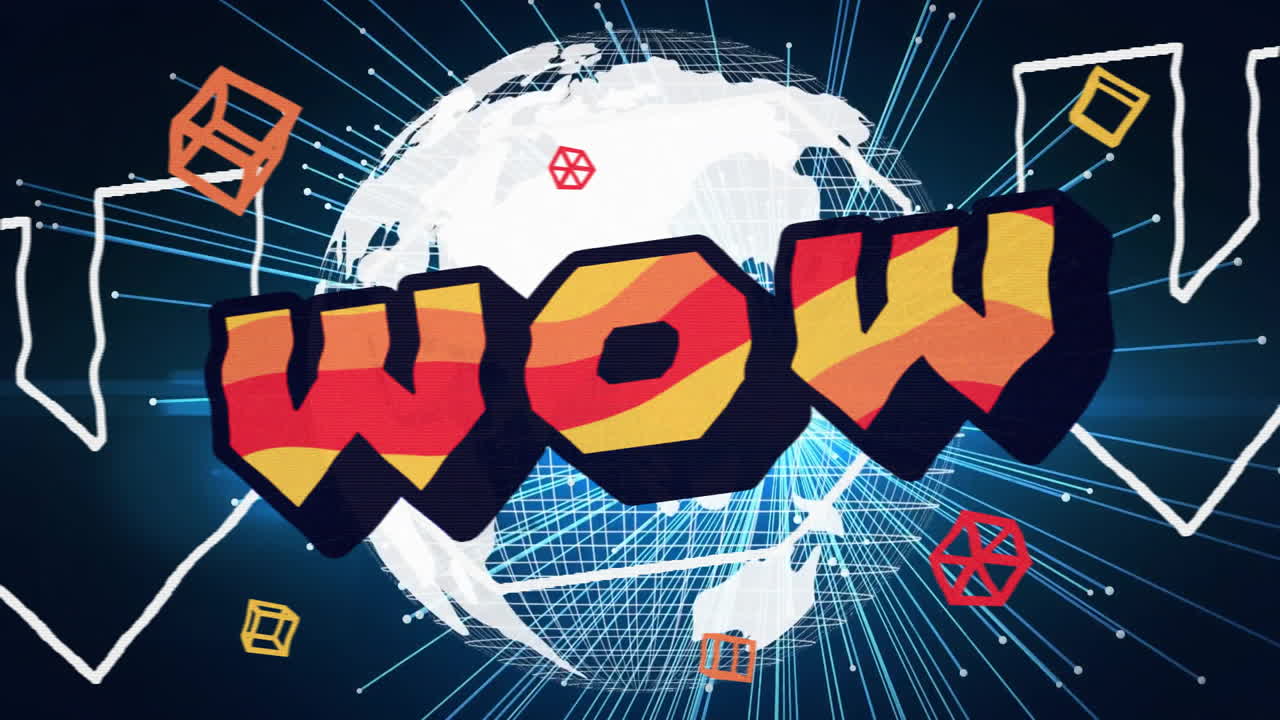 검은색 배경에 연결된 전 세계에 와우 텍스트의 애니메이션