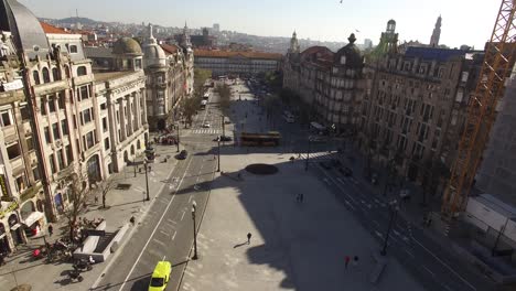 AERIAL-DRONE-FOOTAGE---The-Porto-City-Hall-is-perched-atop-the-Avenida-dos-Aliados,-or-the-Avenue-of-the-Allies,-on-a-line-of-Art-Deco-and-Art-Nouveau-facades-in-Porto,-Portugal-02