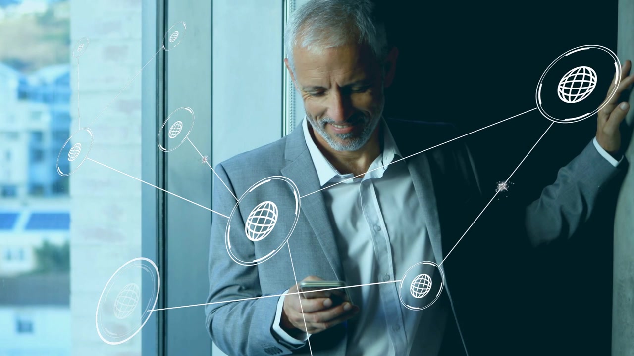 Exec leaning by window, tapping phone and starting holo nodes linking across suit for business data