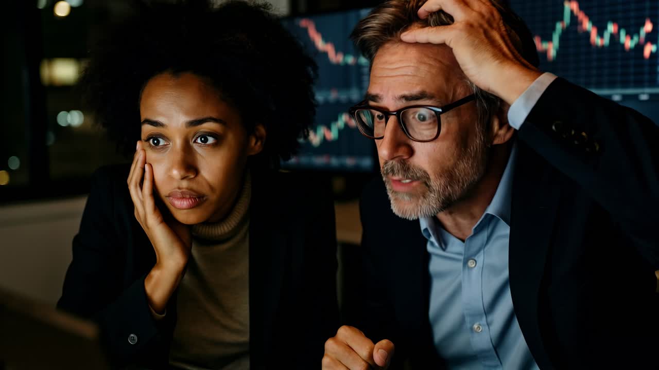 A dramatic video scene with a close-up angle shows two people in shock, focusing on financial charts