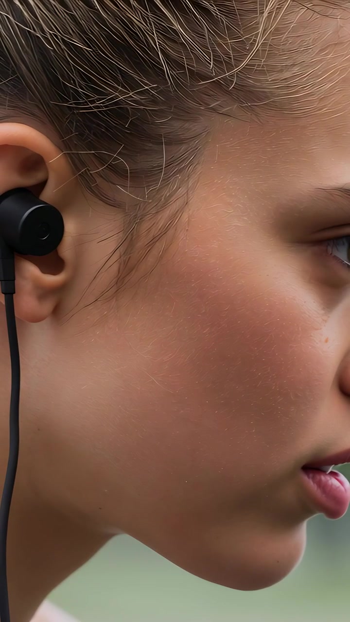Video verticale: adolescente che ascolta musica, muovendo la mascella e socchiudendo le labbra all'aperto, con il cavo degli auricolari neri