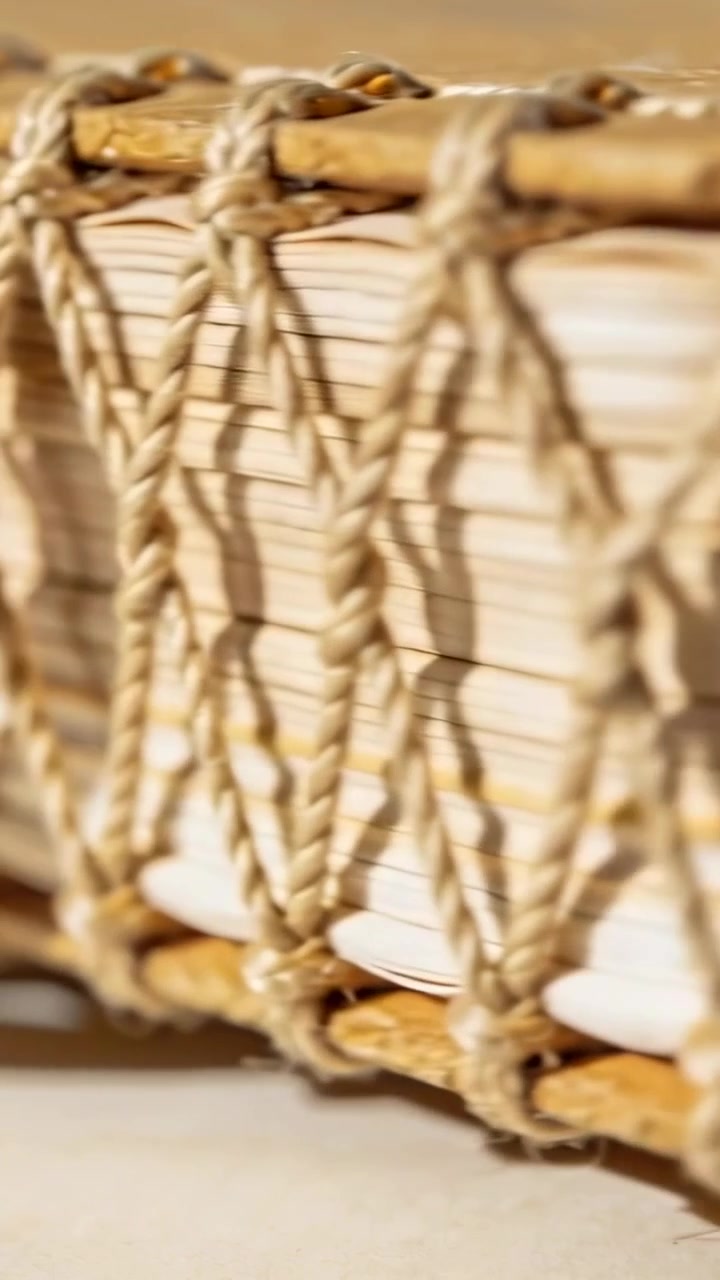 Video verticale: Telecamera che panoramica rivelando il dorso di un libro rilegato a mano su una panca, mostrando dettagli di cordoncini intrecciati.