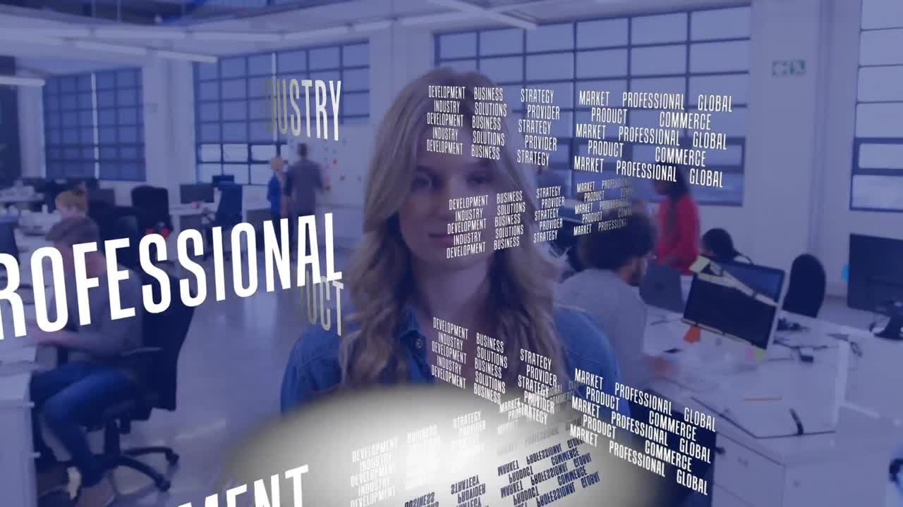 Woman standing in an office with financial data moving in the foreground