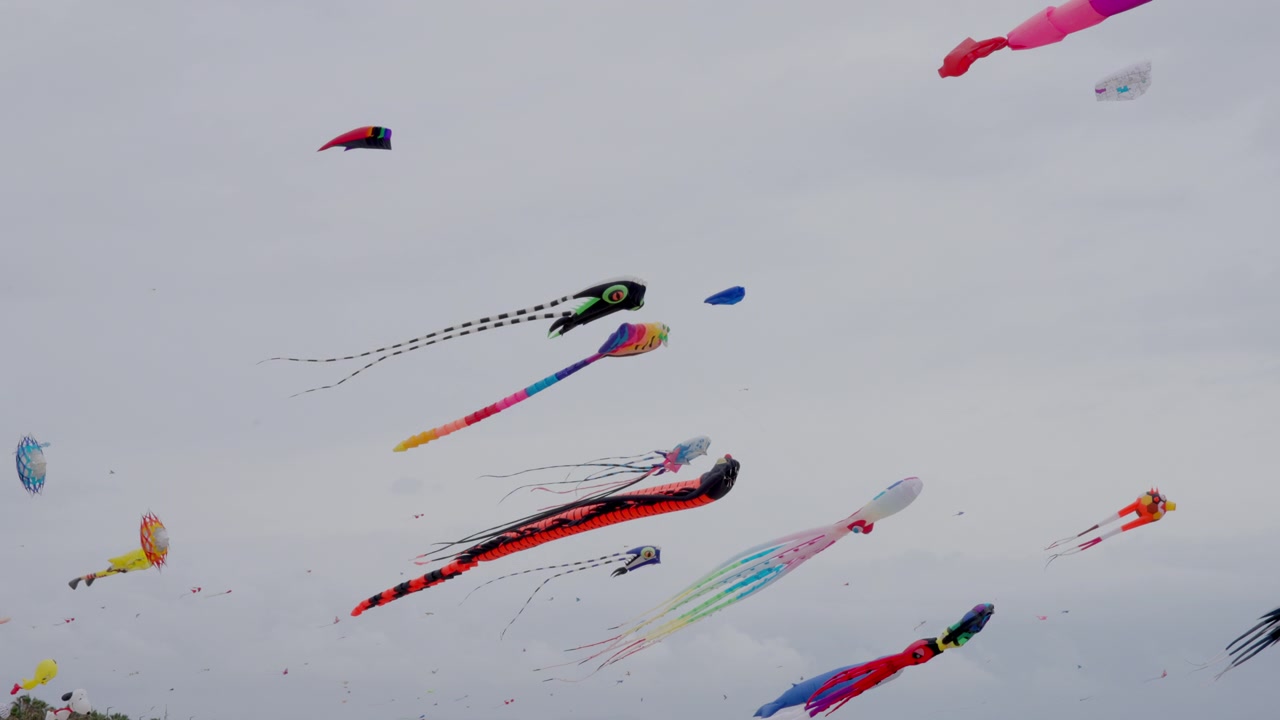 Múltiples cometas de colores volando alto en un cielo nublado durante un festival de playa, creando una vibrante escena al aire libre.