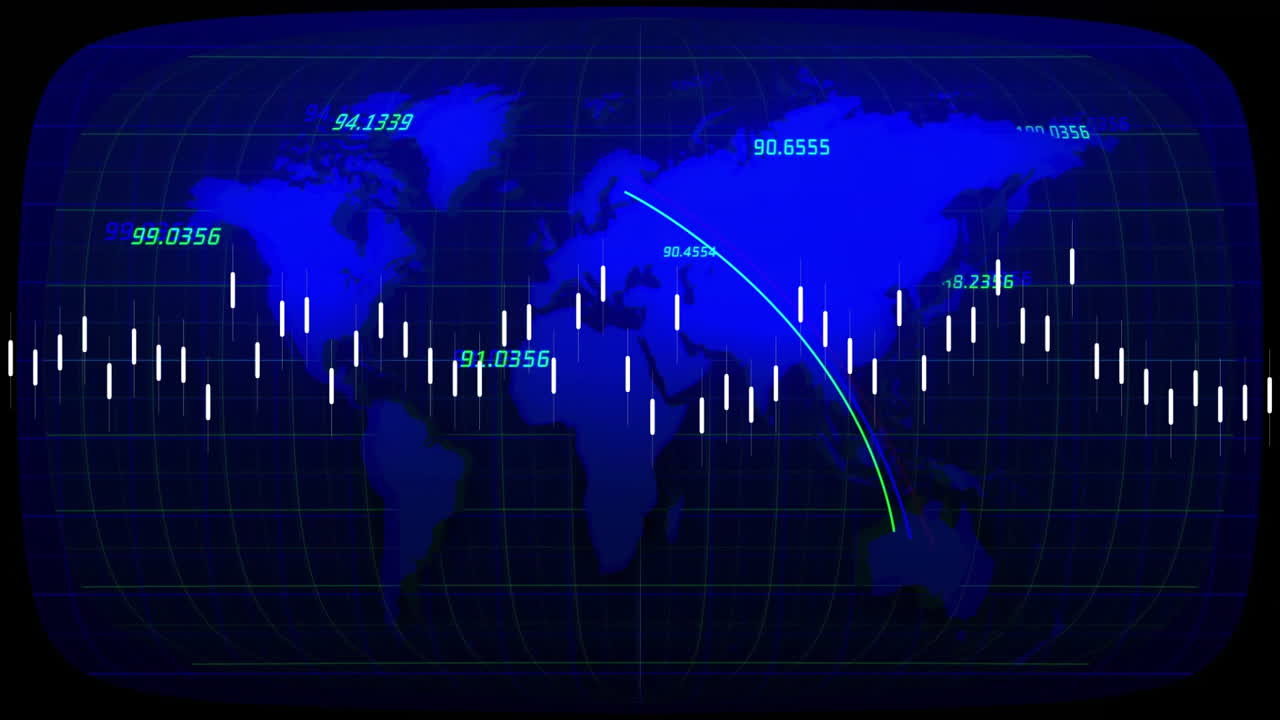 animación de datos del mercado de valores global sobre el mapa del mundo con gráfico de velas