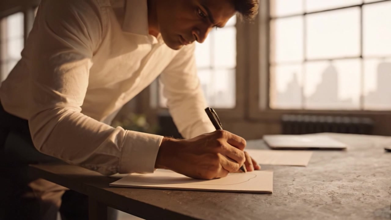 A Focused Individual Concentrating on Drawing or Writing on Blank Paper in a Bright, Sunlit Room with Urban Views from Large Windows