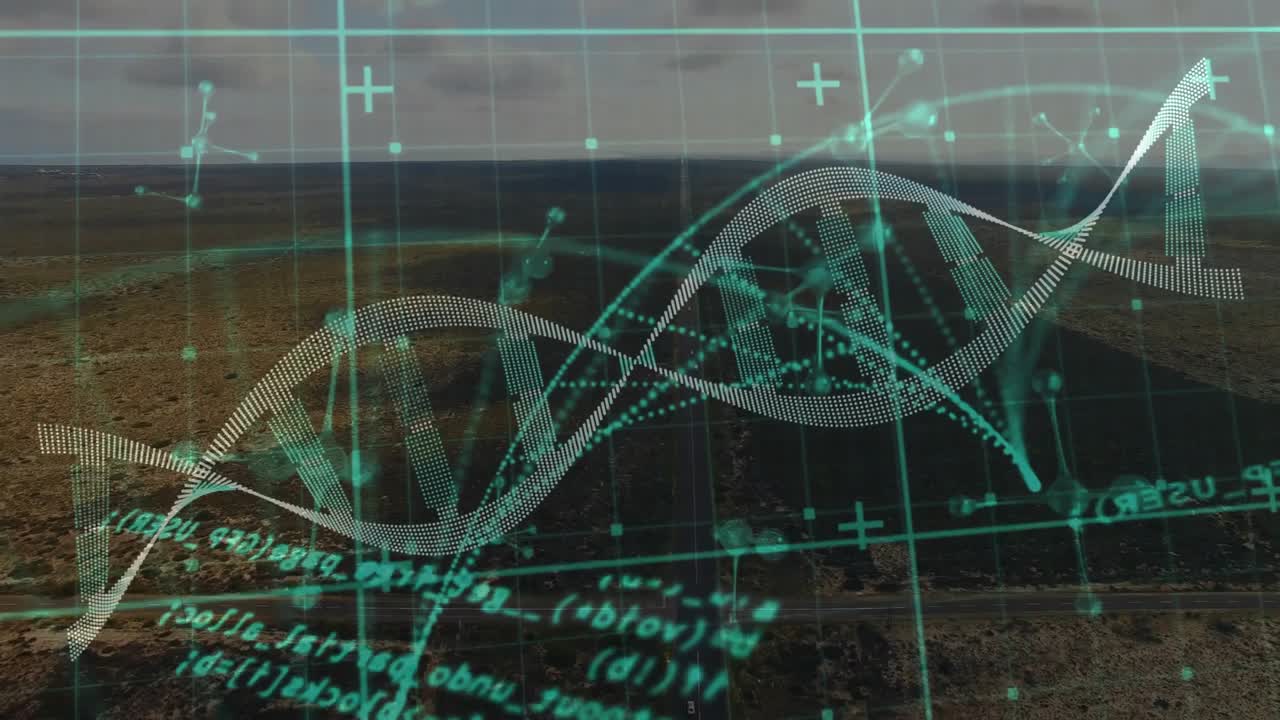 Turquoise gridlines sliding into view starting dna helix rotating streaming code for gene analysis
