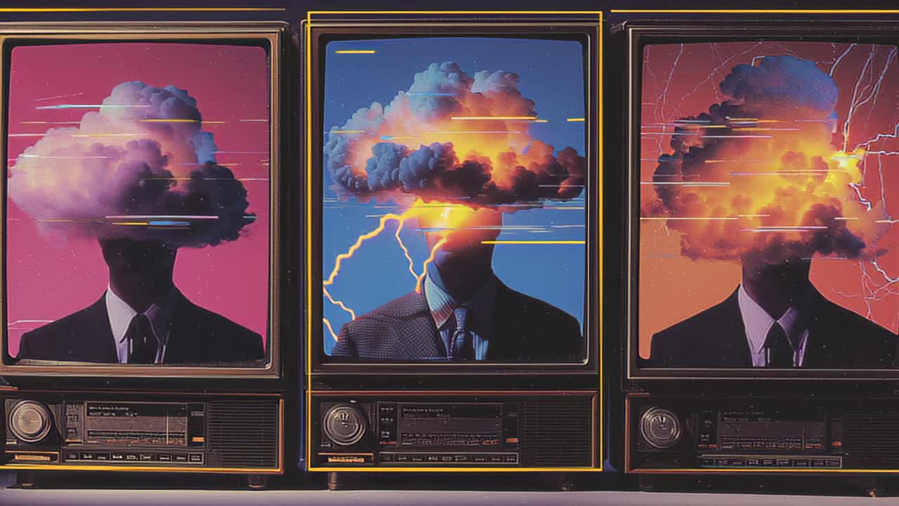 Surreal footage of three vintage TV screens showing a suited businessman with a storm cloud head, lightning and glitch lines, symbolizing stress, anxiety and overload